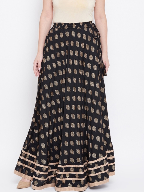 

TULIP 21 Women Black & Golden Ethnic Motifs Block Printed Flared Maxi Skirt