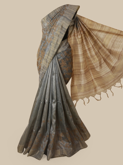 Pothys Grey & Brown Jute Silk Floral Embroidered Saree