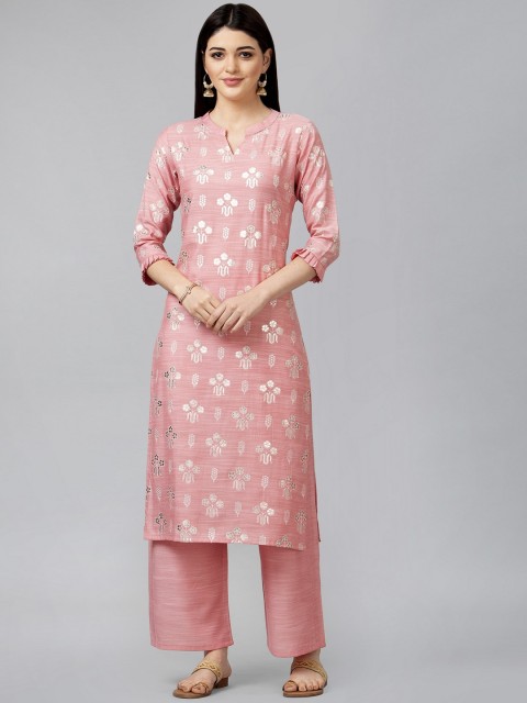 

SANISA Women Pink & Silver-Toned Floral Foil Printed Handloom Kurta