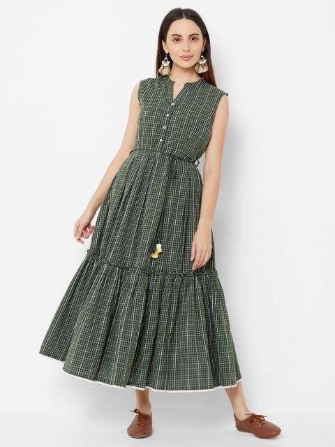 

ZOLA Women Olive Green & White Checked Fit and Flare Dress