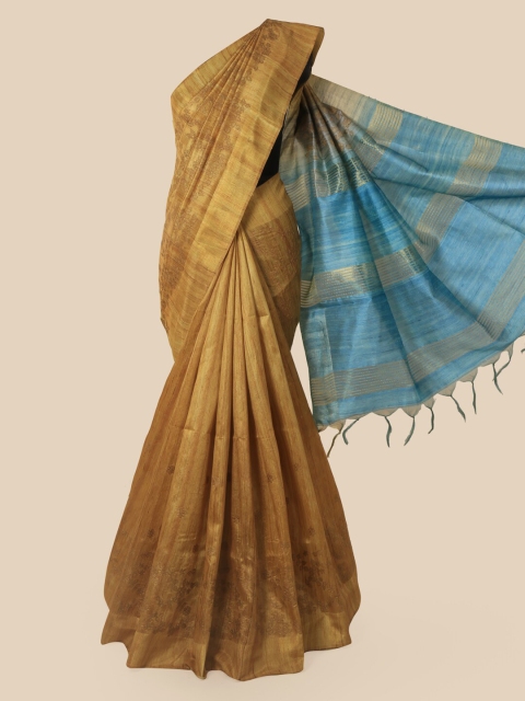 Pothys Mustard Yellow Printed Jute Silk Saree