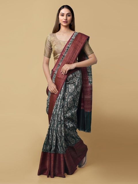 Unnati Silks Green Silk Cotton Printed Maheshwari Saree