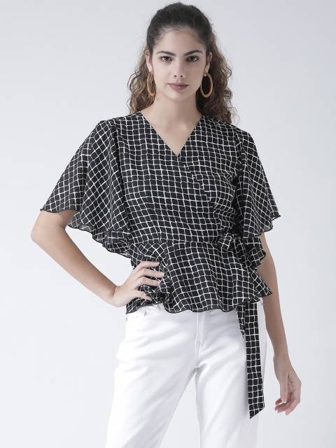 

Texco Black & White Checked Flared Sleeves Monochrome Wrap Top