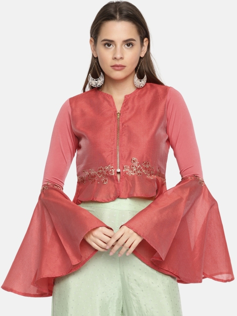 

Ira Soleil Pink & Golden Floral Print Bell Sleeves Regular Crop Top