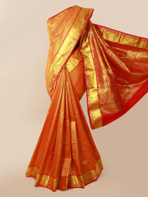 

Pothys Orange & Gold-Toned Pure Silk Woven Design Kanjeevaram Saree