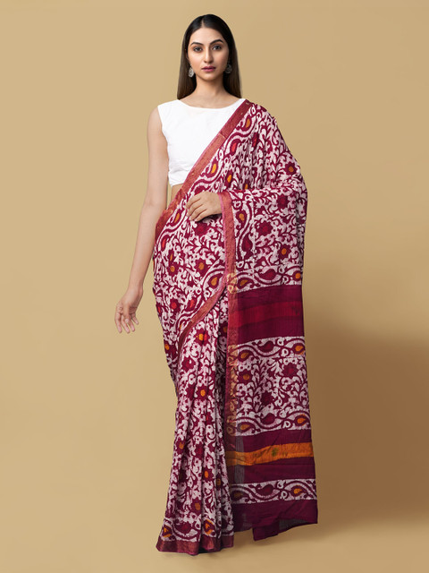 

Unnati Silks Red Pure Cotton Batik Printed Bhagalpuri Saree