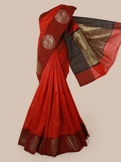 

Pothys Red & Gold-Toned Jute Silk Checked Saree