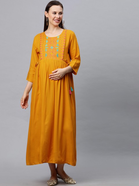 

MomToBe Women Mustard Embroidered Maternity Maxi Dress