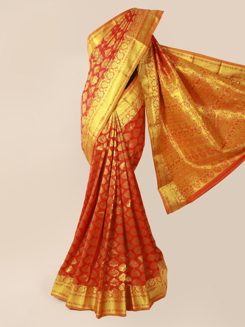 

Pothys Red & Gold-Toned Pure Silk Woven Design Kanjeevaram Saree