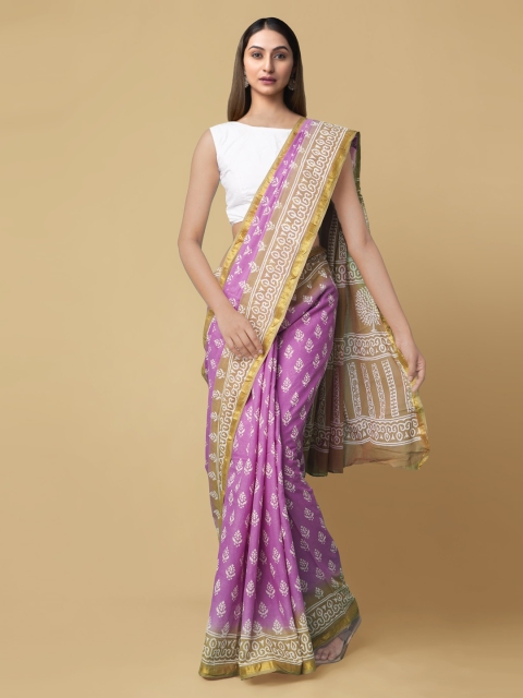 

Unnati Silks Purple Pure Cotton Hand Block Printed Saree