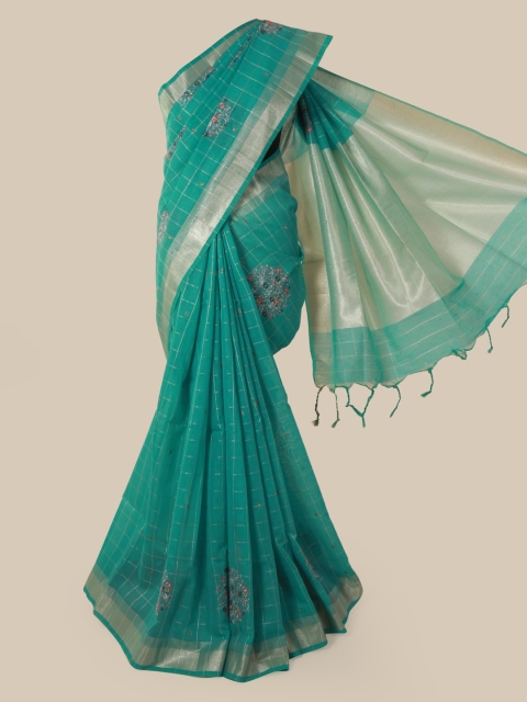 

Pothys Green Checked Jute Silk Saree