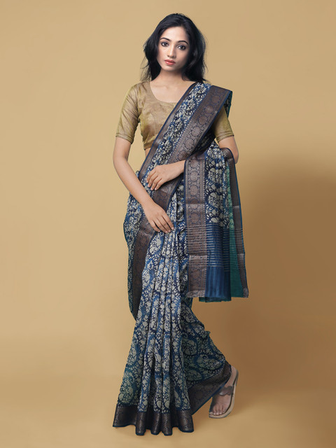 

Unnati Silks Blue Silk Cotton Printed Maheshwari Saree