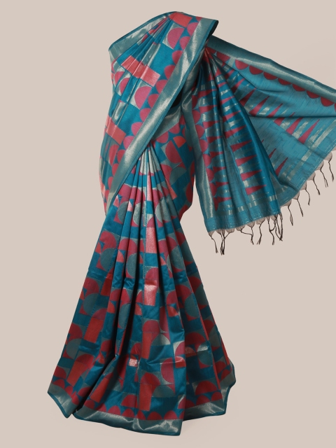 

Pothys Blue Colourblocked Jute Silk Saree