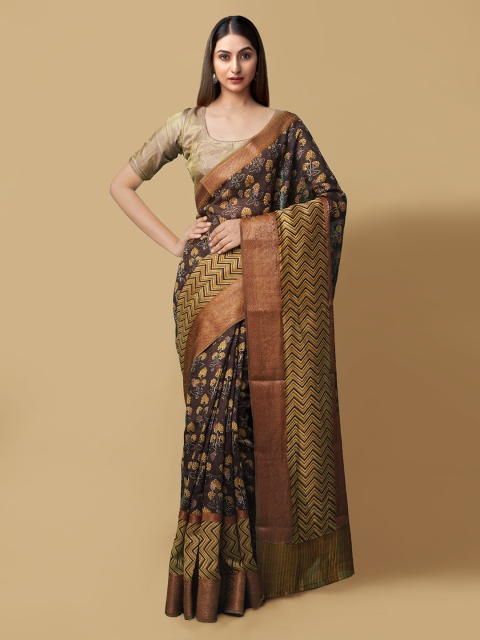 

Unnati Silks Brown & Copper-Toned Silk Cotton Printed Maheshwari Saree