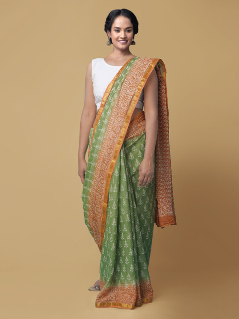 

Unnati Silks Green & Orange Pure Cotton Woven Design Block Print Saree