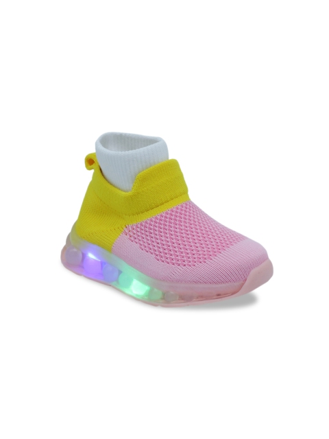 

FEETWELL SHOES Boys Pink & Yellow Woven Design LED LED Flat Boots