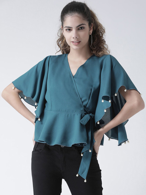 

Texco Teal Blue Solid Flared Sleeves Wrap Top with Embellished Details