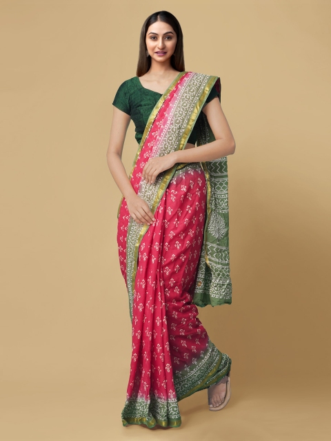 

Unnati Silks Red & Green Pure Cotton Printed Handloom Block Print Saree