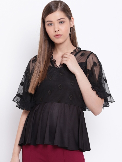 

Texco Black Self Design Embroidered Flared Sleeves A-Line Top