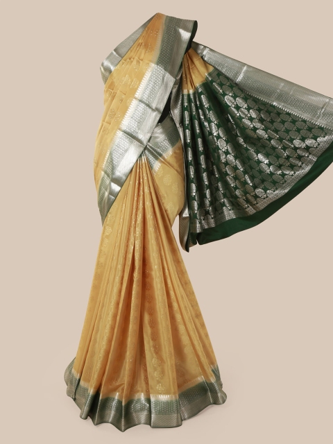 

Pothys Tan & Silver-Toned Pure Silk Woven Design Mysore Silk Saree