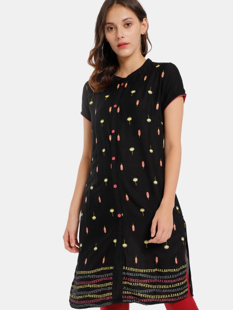 

Karigari Women Black & Red Quirky Printed Cotton Straight Kurta