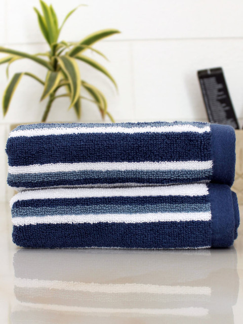 

AVI Living Navy Blue & Grey Set of 2 Striped 550 GSM Streak Cotton Hand Towels