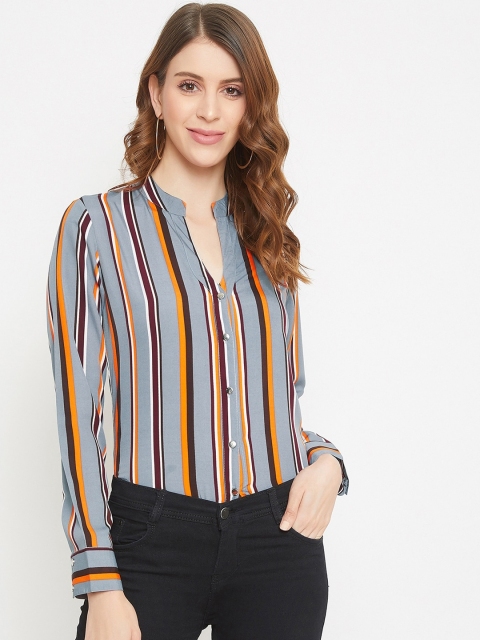 

PURYS Women Grey & Multicoloured Regular Fit Striped Casual Shirt
