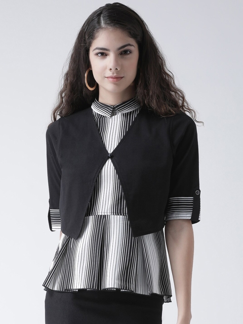 

Texco Black & White Striped Roll-Up Sleeves Layered Monochrome Peplum Top