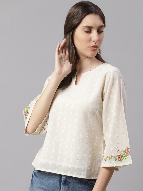 

Shakumbhari Off White & Red Woven Design Dobby Pure Cotton Regular Top