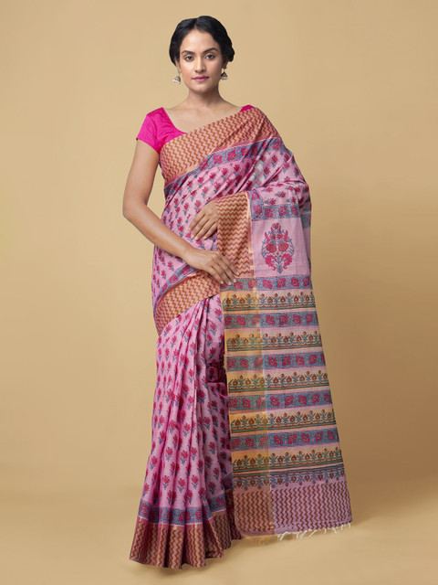 

Unnati Silks Pink Pure Cotton Printed Mangalagiri Saree