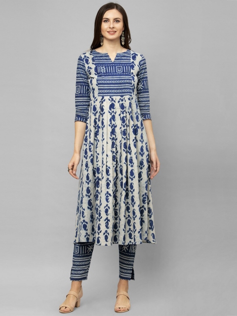 

SANISA Women Off White & Blue Block Print Indigo Cotton Handloom A-Line Kurta