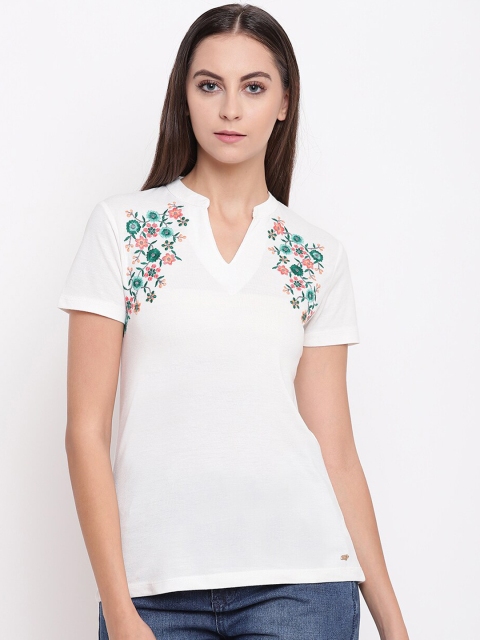 

Miss Grace Women White Solid Mandarin Collar T-shirt