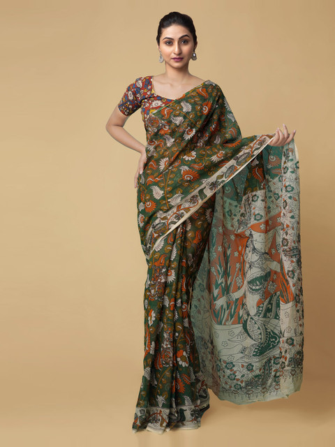 

Unnati Silks Green Pure Cotton Kalamkari Printed Kota Saree