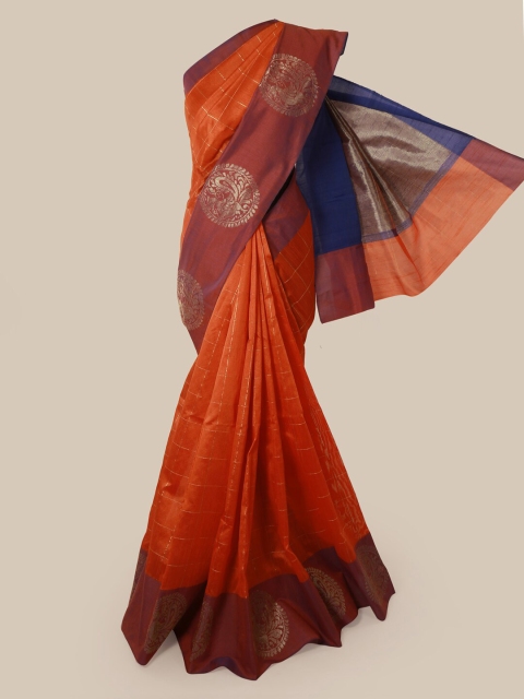 

Pothys Orange Checked Jute Silk Saree
