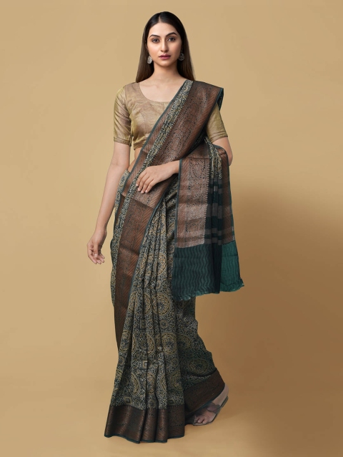 

Unnati Silks Green Silk Cotton Printed Maheshwari Saree