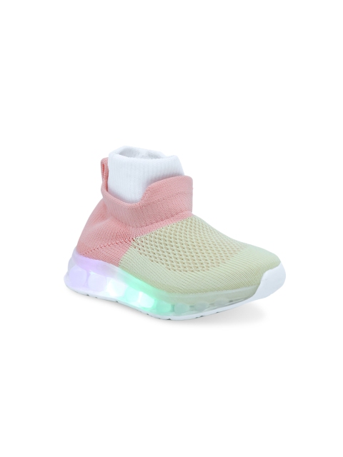 

FEETWELL SHOES Boys Beige & Pink Woven Design LED Slip-On Sneakers