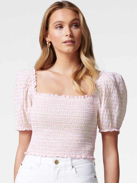 

Forever New Pink & White Gingham Checked Puff Sleeves Smocked Regular Crop Top
