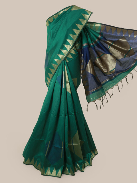 

Pothys Green Solid Jute Silk Saree With Tasseled Pallu