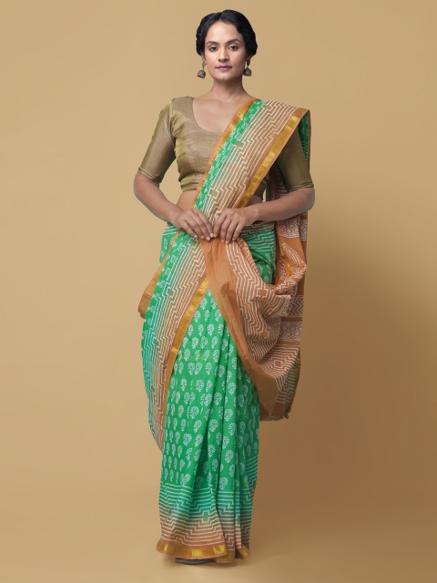 

Unnati Silks Green Pure Cotton Printed Block Print Saree