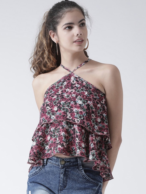 

Texco Pink & White Floral Printed Halter Neck Layered A-Line Top