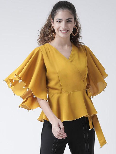 

Texco Mustard Yellow Solid Wrap Top with Embellished Details
