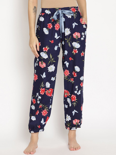 

COASTLAND Women Navy Blue & White Floral & Butterfly Printed Crop Lounge Joggers
