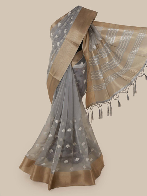 

Pothys Grey & Gold-Toned Organza Woven Design Saree