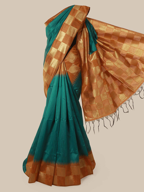 

Pothys Green Solid Jute Silk Saree With Tasseled Pallu