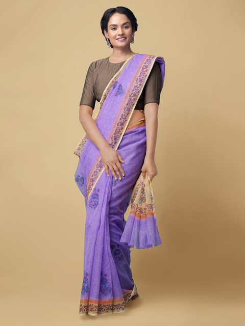 

Unnati Silks Violet Pure Cotton Hand Block Printed Kota Saree