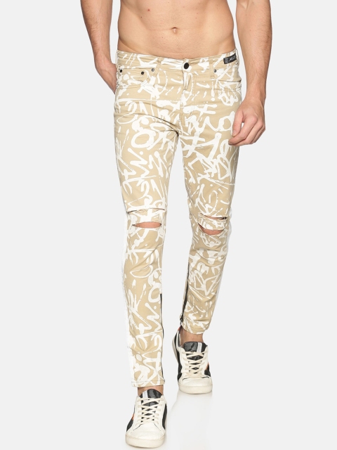 

KULTPRIT Men Khaki & White Skinny Fit Printed Knee Slash Regular Trousers