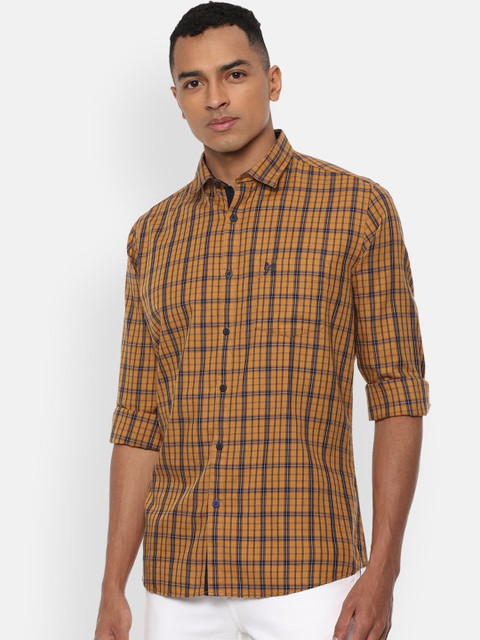 

Van Heusen Sport Men Yellow & Navy Blue Slim Fit Checked Cotton Casual Shirt