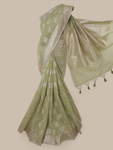

Pothys Green & Silver-Toned Organza Woven Design Saree