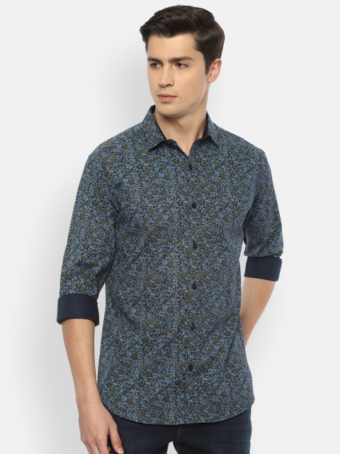 

V Dot Men Navy Blue Slim Fit Printed Pure Cotton Casual Shirt