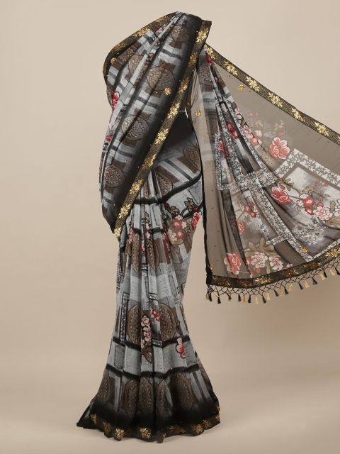 Pothys Grey Printed Poly Chiffon Saree